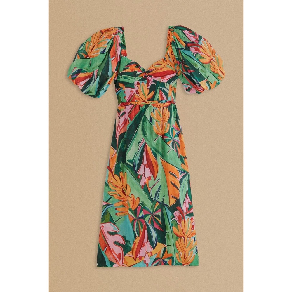 FARM Rio Banana Foliage Puff-Sleeve Midi Dress